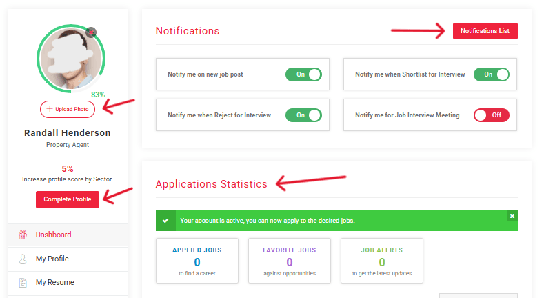 Candidate Dashboard Profile Picture and Notifications